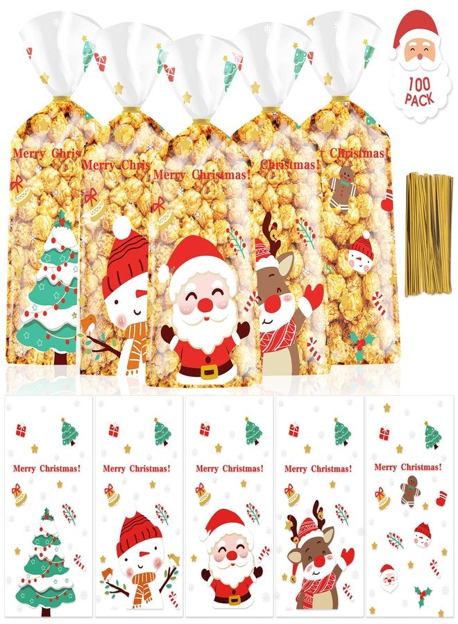 PADELO 100 Pcs Christmas Treat Bags - Merry Christmas Candy Bag, Plastic Xmas Cellophane Cello Goodie Goody Cookie Gift Snack Bags with Twist Ties for Goodies Present Wrap Xmas Party Favors Supplies - Image 1